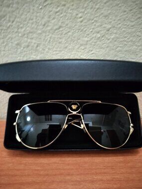 Mens Versace Sunglasses Medusa Leather Black And Gold New
